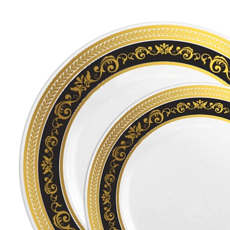 Smarty Had A Party White w/Black and Gold Royal Rim Plastic Dinnerware Set (120 Dinner Plates+120 Salad Plates), 240PK 970BGVP-CASE